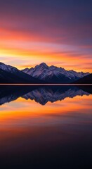 Obraz premium A spectacular sunset casts vibrant orange and purple hues over snow-capped mountains, perfectly reflected in a tranquil, glassy lake.
