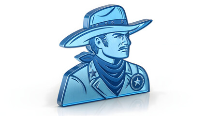 Fototapeta premium 3D blue holographic glass cowboy sheriff icon isolated on white background with western wild west lawman symbol