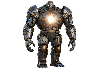 Fototapeta premium A formidable, metallic robot stands imposingly against a dark backdrop, showcasing intricate mechanical details and a central luminous core.