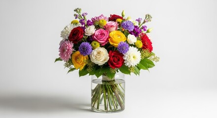 Vibrant bouquet of mixed flowers in a clear vase, featuring roses, dahlias, and other colorful blooms.