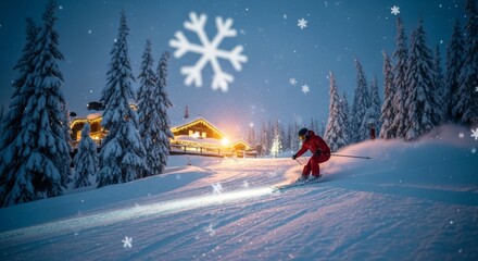 A skier is skiing down a snowy slope in front of a house. The snow is falling and the skier is wearing a red jacket