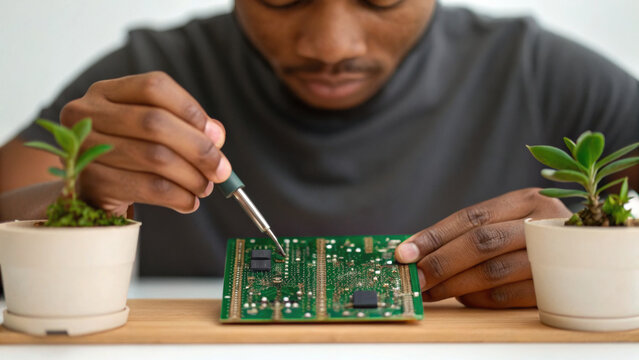 Focused african american man soldering circuit board symbol of diversity in tech and sustainability. His concentration on repair shows dedication and skill with electronics