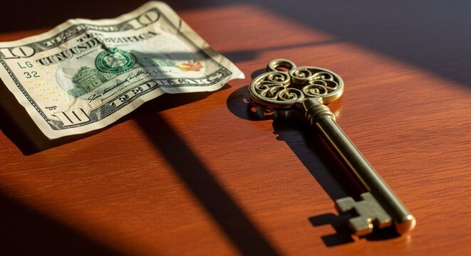 A rustic, antique metal key and a crumpled ten-dollar bill on a wooden surface, partially lit by a sunbeam