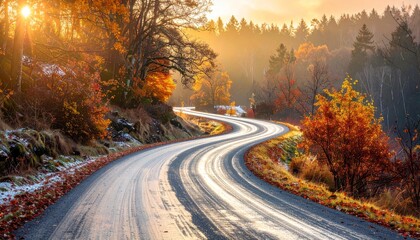Fototapeta premium serene winding road through a forest, warm glow of sunlight, autumn foliage, hint of snow