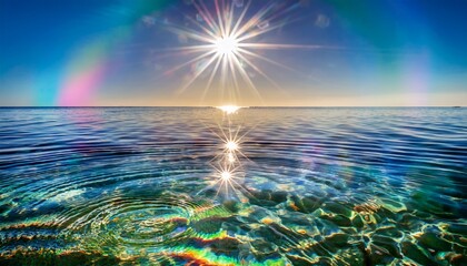 shimmering surface of crystal clear water reflects overlapping rainbow ripples creating mesmerizing visual effect interplay of light and color evokes sense of tranquility and beauty
