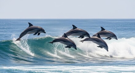 Fototapeta premium Dolphins leap over ocean waves