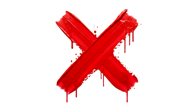 A red cross mark painted with dripping paint, isolated on transparent background, symbolizing error, cancellation, or a wrong choice, created with bold brushstrokes and vibrant color for emphasis
