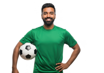 Smiling man holding soccer ball isolated on transparent background
