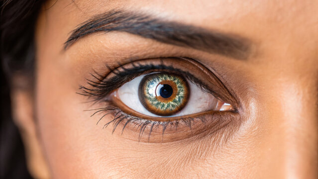 Focused woman eye reflecting vision of diversity and tech innovation. Macro view of beautiful hazel iris exploring future biometrics with focus on sustainability