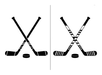 Two Pairs of Crossed Hockey Sticks with Pucks, Black and White Iconography