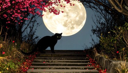 A large, luminous moon illuminates a black cat perched on steps amidst a garden of pink blossoms at night.
