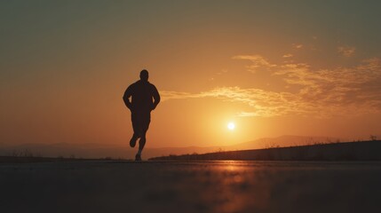 Silhouetted male runner in early morning sunrise