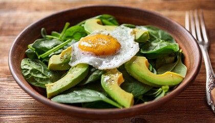 healthy spinach salad with avocado and fried egg served in rustic bowl on wooden table