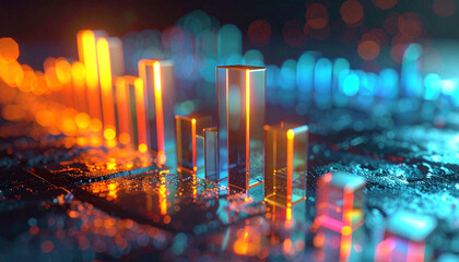 Golden Statistics: A visually stunning representation of financial growth, with abstract golden bars rising against a backdrop of interconnected digital data and soft neon light.