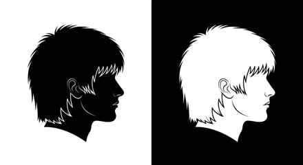 Dual profile silhouettes of a young man with shaggy hair, one black on white and one white on black.