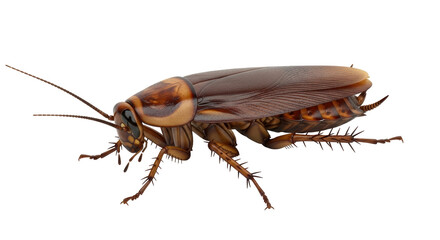 Isolated close-up studio shot of a large cockroach with long antennae, on plain background