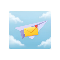 Paper airplane carrying a yellow envelope with a notification icon, flying through clouds
