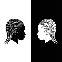 Two contrasting black and white profiles of a woman with an intricate braided cornrow hairstyle.