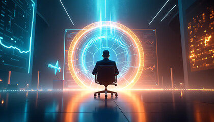 Confident businessman analyzes futuristic data interface, charting progress toward success in a high-tech environment.