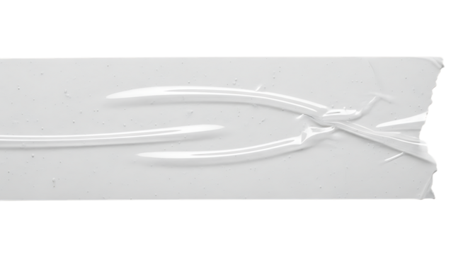 A closeup shot captures the texture and detail of clear tape adhered to a white surface, showcasing its wrinkled and slightly translucent appearance, isolated on transparent background the tape reflec