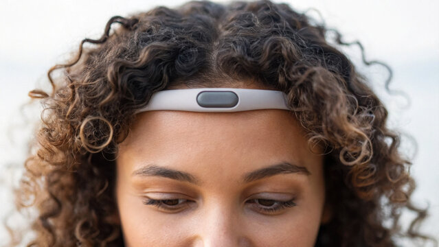 Modern tech for mental wellness and sustainability calm woman with curly hair representing diversity using biofeedback headband for serene focus outdoors