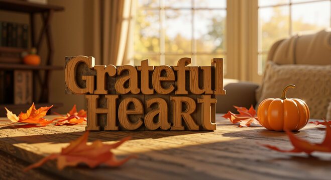 Grateful heart lettering as a wooden decoration on a sunlit table, a perfect image for Thanksgiving greeting cards and seasonal home decor blogs.