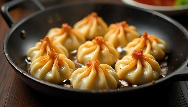 Pan fried mandu dumplings sizzling in skillet with crispy golden bottoms and soft tops 