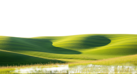 Isolated green fields in a rural landscape near a body of water during daylight hours