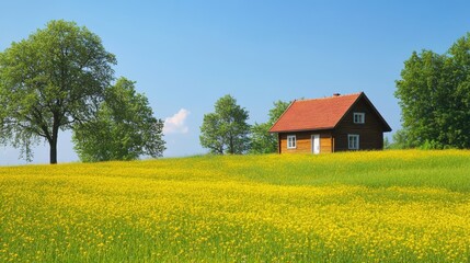 Charming wooden house with red roof in bright yellow flower meadow under clear blue sky