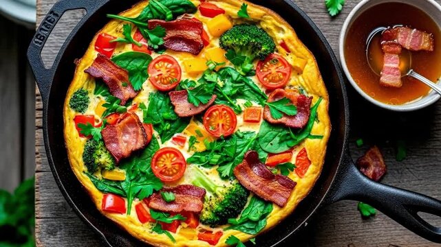 A colorful egg frittata with bacon spinach tomatoes bell peppers and broccoli in a dark cast iron skillet with a side bowl of broth and bacon on a wooden surface