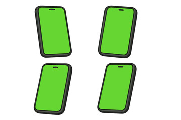Set of 3D cartoon smartphones with green screen for animation. Isolated vector mobile phone mockup for chroma key. Cellphone display template for UI UX presentation.