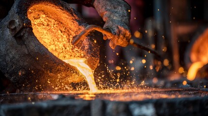 Molten metal pouring into mold at foundry with glowing sparks and intense heat