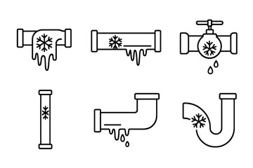 Fototapeta premium Frozen pipes line icon set. Vector outline symbols for plumbing problems in winter. Cold temperature, burst pipe, water leak, and ice damage concepts for web design.