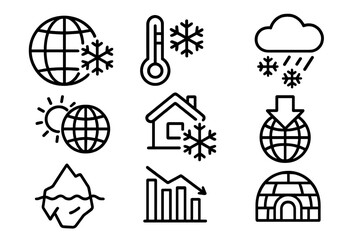 Global cooling and ice age icon set. Climate change concept with winter weather symbols. Vector outline icons like iceberg, snow, igloo, and temperature drop for apps.