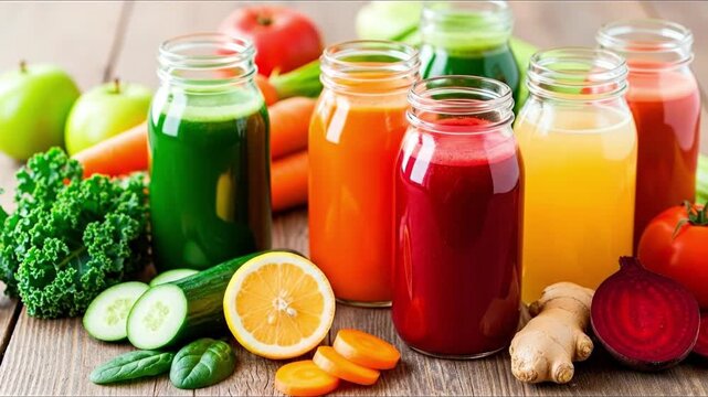 Colorful fruit and vegetable juices in glass bottles sit on wood accompanied by fresh produce including apples carrots kale spinach and ginger
