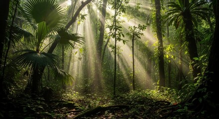 Sunlight streams through a lush tropical rainforest canopy, illuminating the dense undergrowth and towering trees.