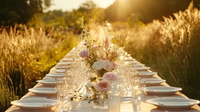 Elegant Outdoor Dinner Table Setting with Flowers and Sunlight