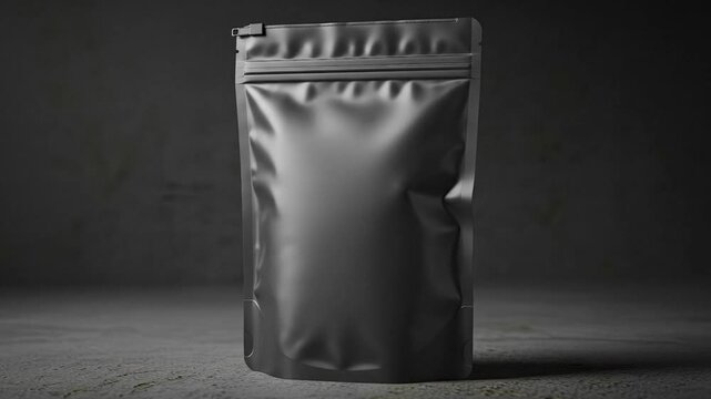A matte black stand-up pouch with a zipper closure stands upright on a textured dark gray surface against a dimly lit backdrop