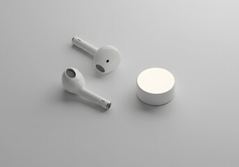 Wireless earbuds and charging case on a white background