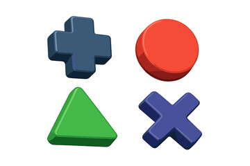 Obraz premium 3D geometric gamepad symbol buttons. Vector cartoon illustration for gaming. Icon set with cross, circle, triangle, x shapes for video game console controller design.