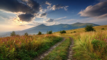 Obraz premium Winding mountain road at sunset, golden hills stretching afar, a journey through serene landscapes.