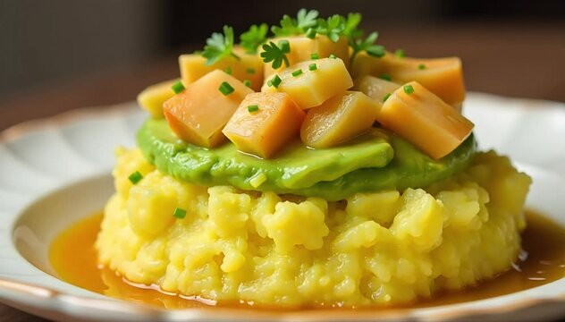 Peruvian causa layered dish with mashed yellow potatoes, avocado, and seafood or chicken filling 