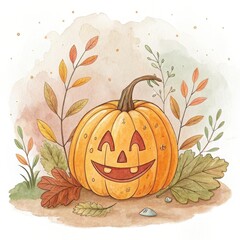 Vibrant Halloween pumpkin surrounded by colorful autumn foliage in a whimsical watercolor style