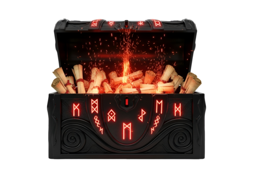 A dark, ornate treasure chest bursts open, revealing ancient scrolls illuminated by a fiery, red glow.