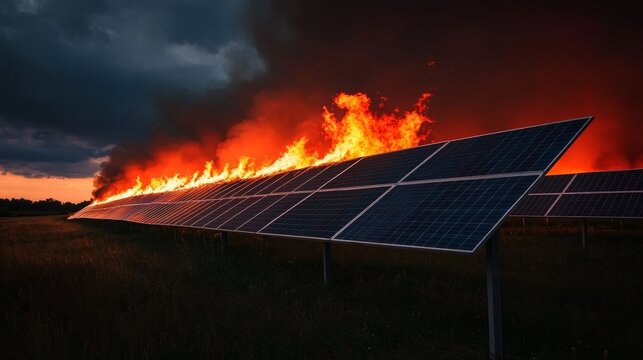 Solar panels engulfed in flames against dramatic sunset sky
