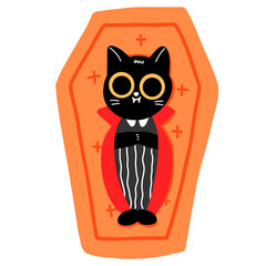 Cute Vampire Cat in Orange Coffin Halloween Cartoon Clipart for Spooky Season Design