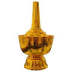 Golden traditional decorative container with intricate patterns and shiny surface