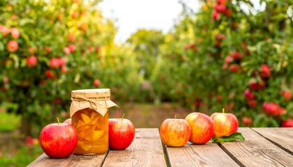 Freshly made  preserves in a glass jar, alongside ripe apples, on a rustic wooden table, bathed in natural light amidst an  orchard.