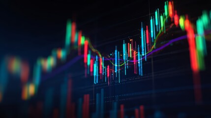 Dynamic financial chart with colorful candlestick patterns and stock market indicators