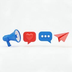 Megaphone, heart, chat bubble, and paper airplane icons, isolated on white background